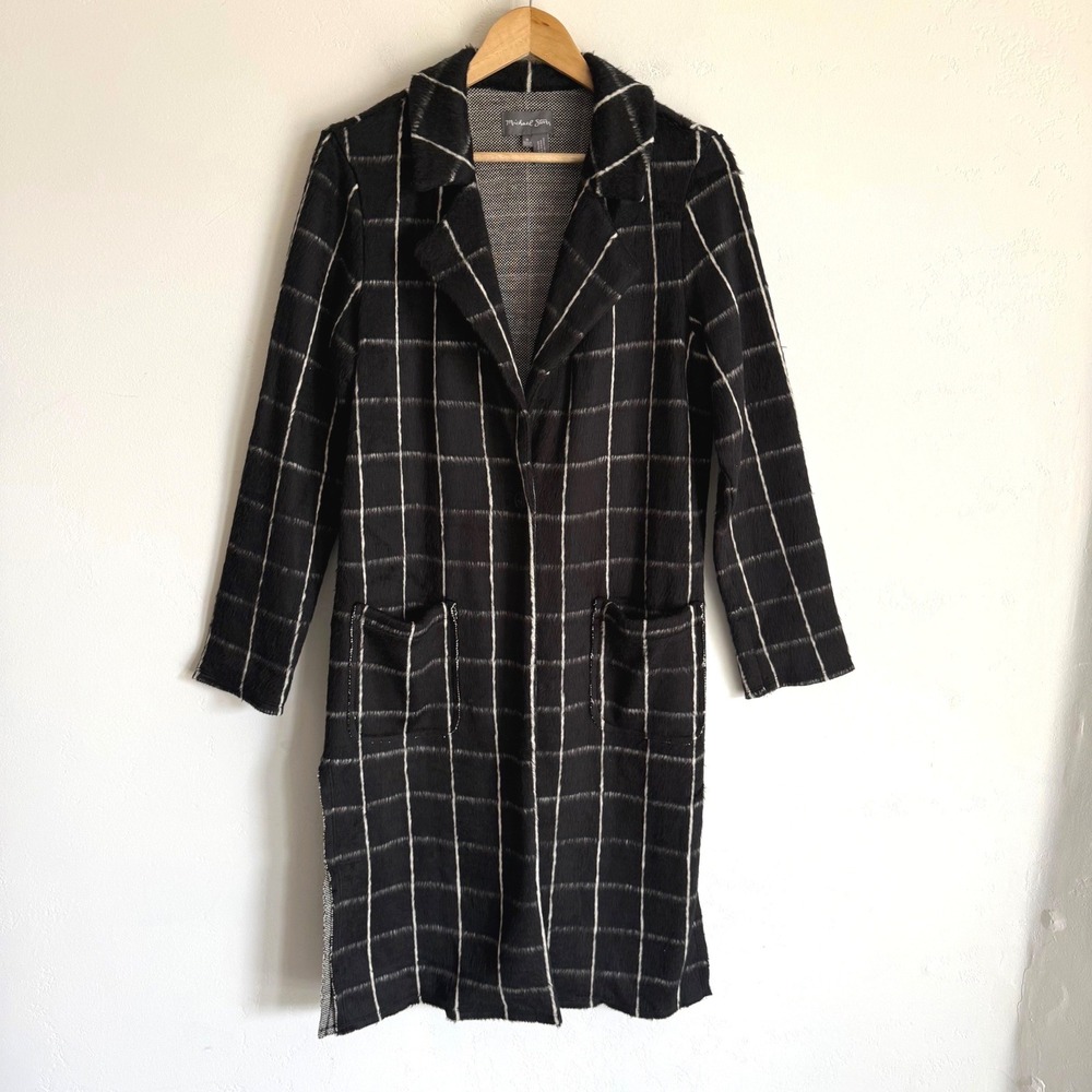 Michael Stars Anthropologie Plaid Coat M Black White Windowpane Longline Mod